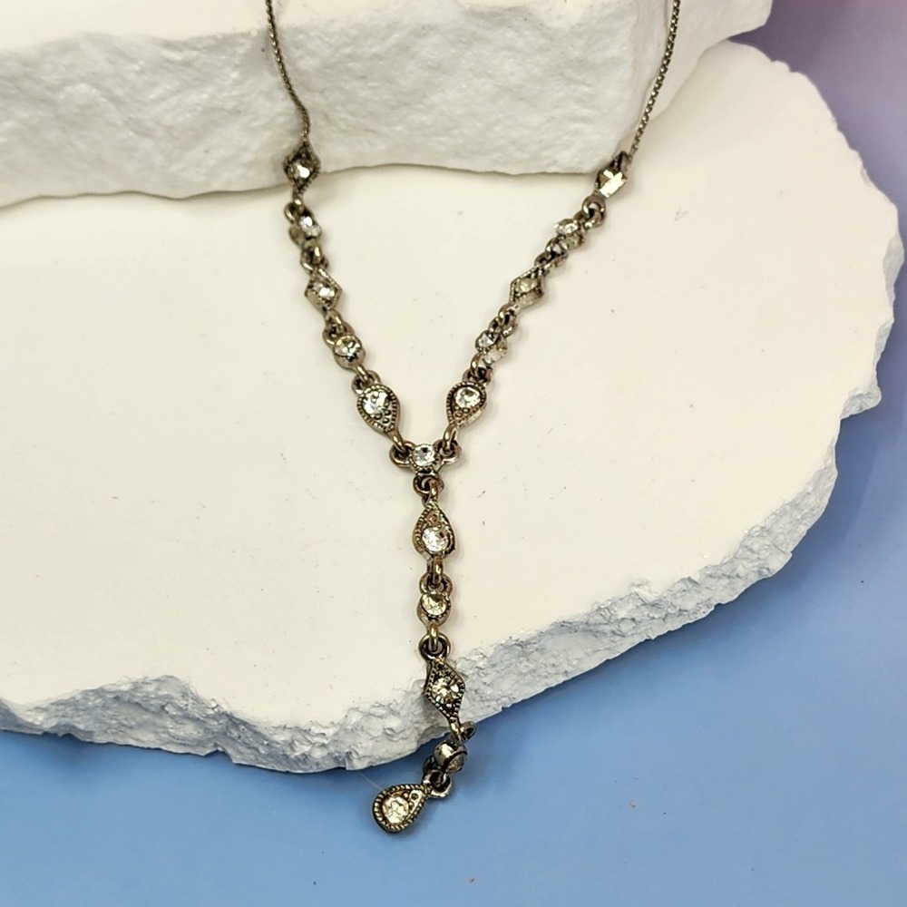 Avon Silver Tone Rhinestone Y Drop Necklace Vintage Bridal Statement Jewelry